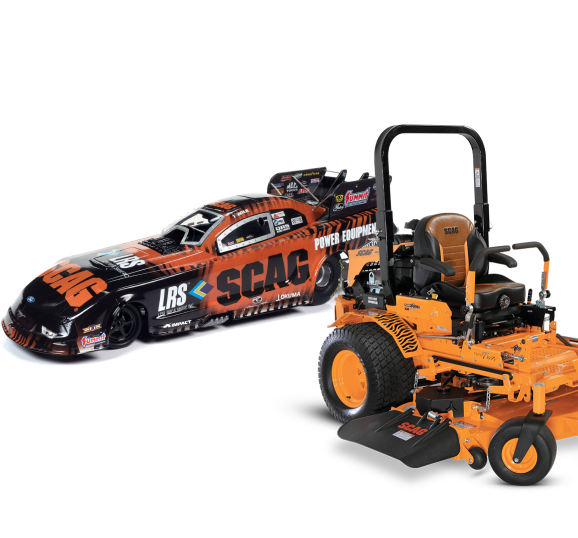 Racecar with the SCAG logo and a Turf Tiger II mower